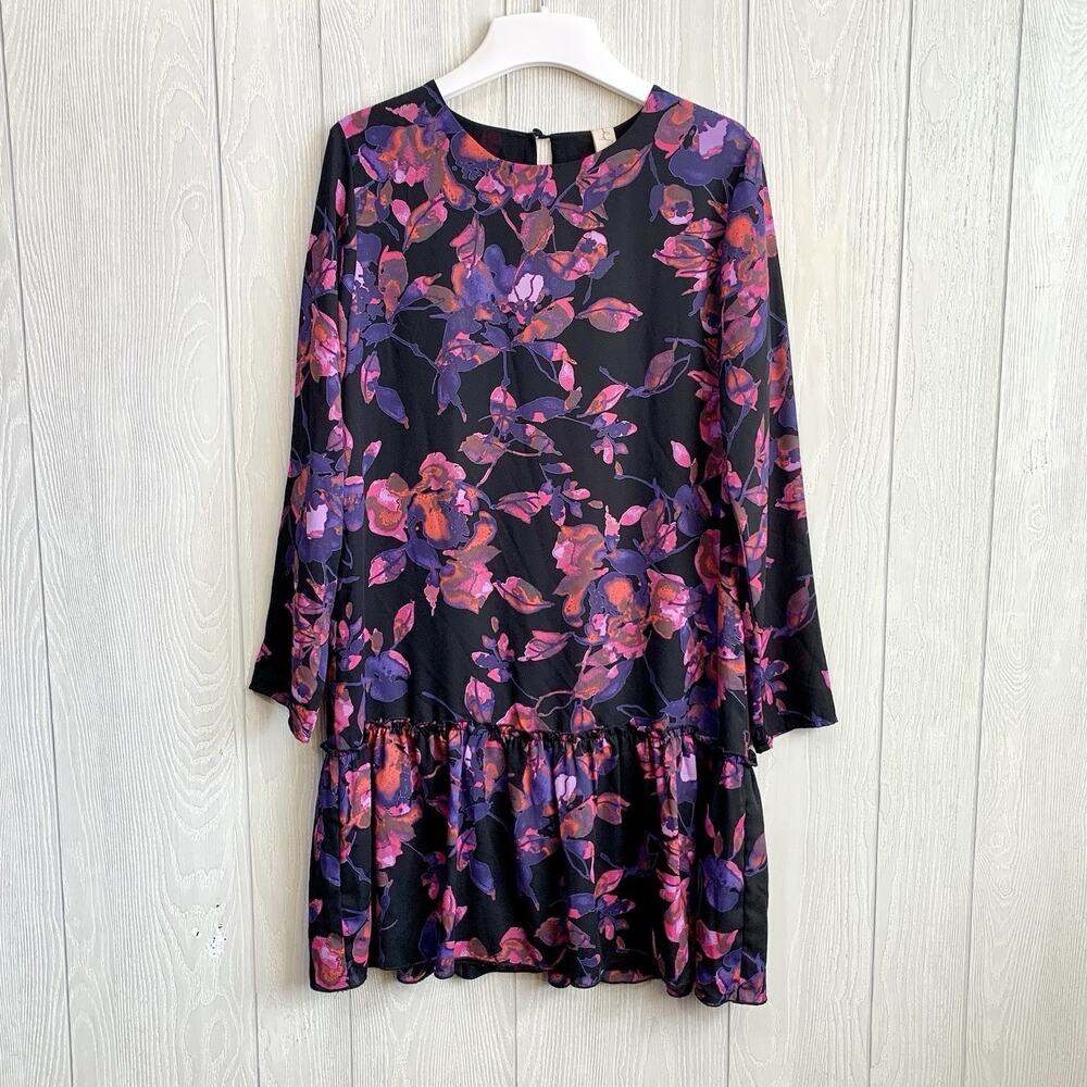 Allison Joy Black Purple Floral Long Sleeve Dress Small